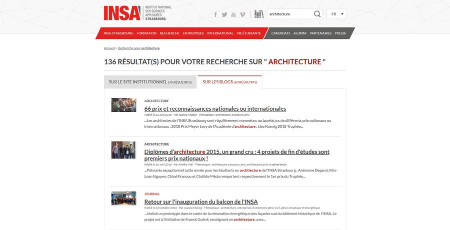 Page de recherche du site principal de l'INSA Strasbourg sur tous les blogs